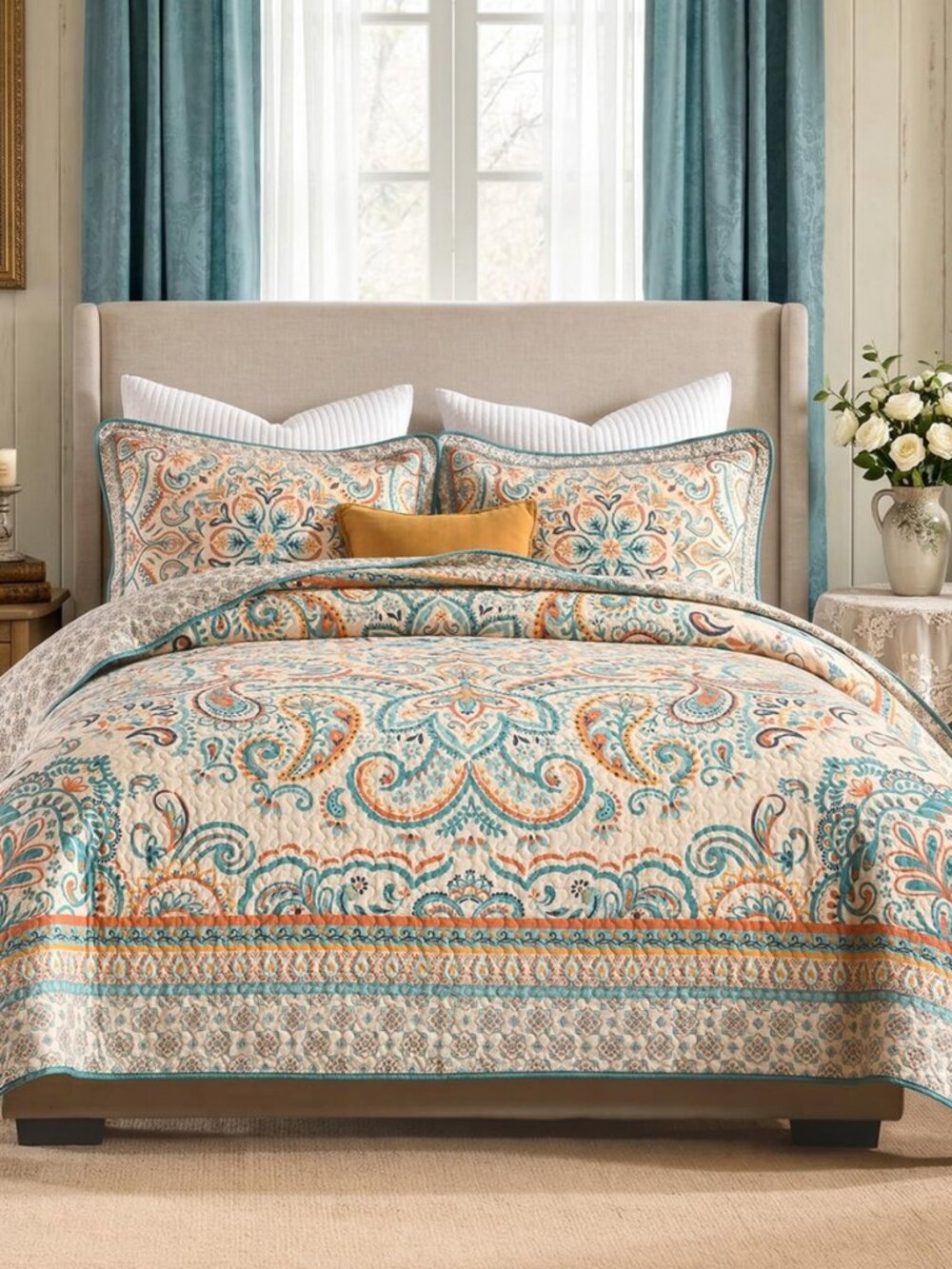 100% Cotton Queen Quilt Set, Vintage Bohemian Paisley Pattern